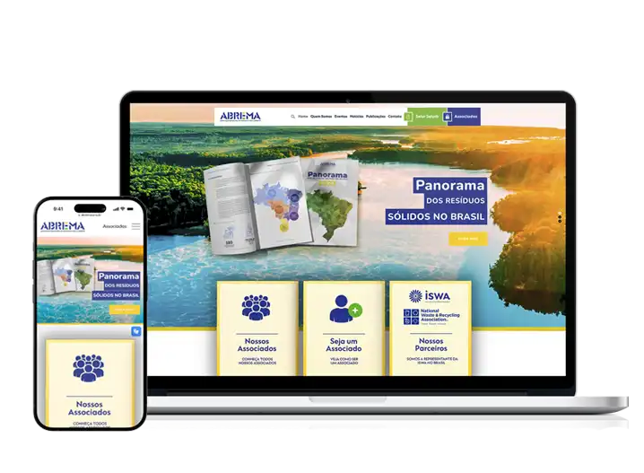 Site responsivo exibido em notebook e celular