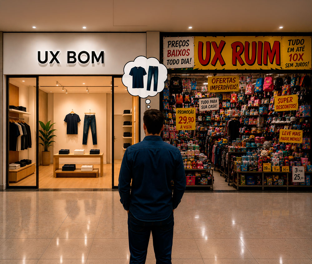Pessoa compara uma loja com boa experiência do usuário e outra com experiência confusa